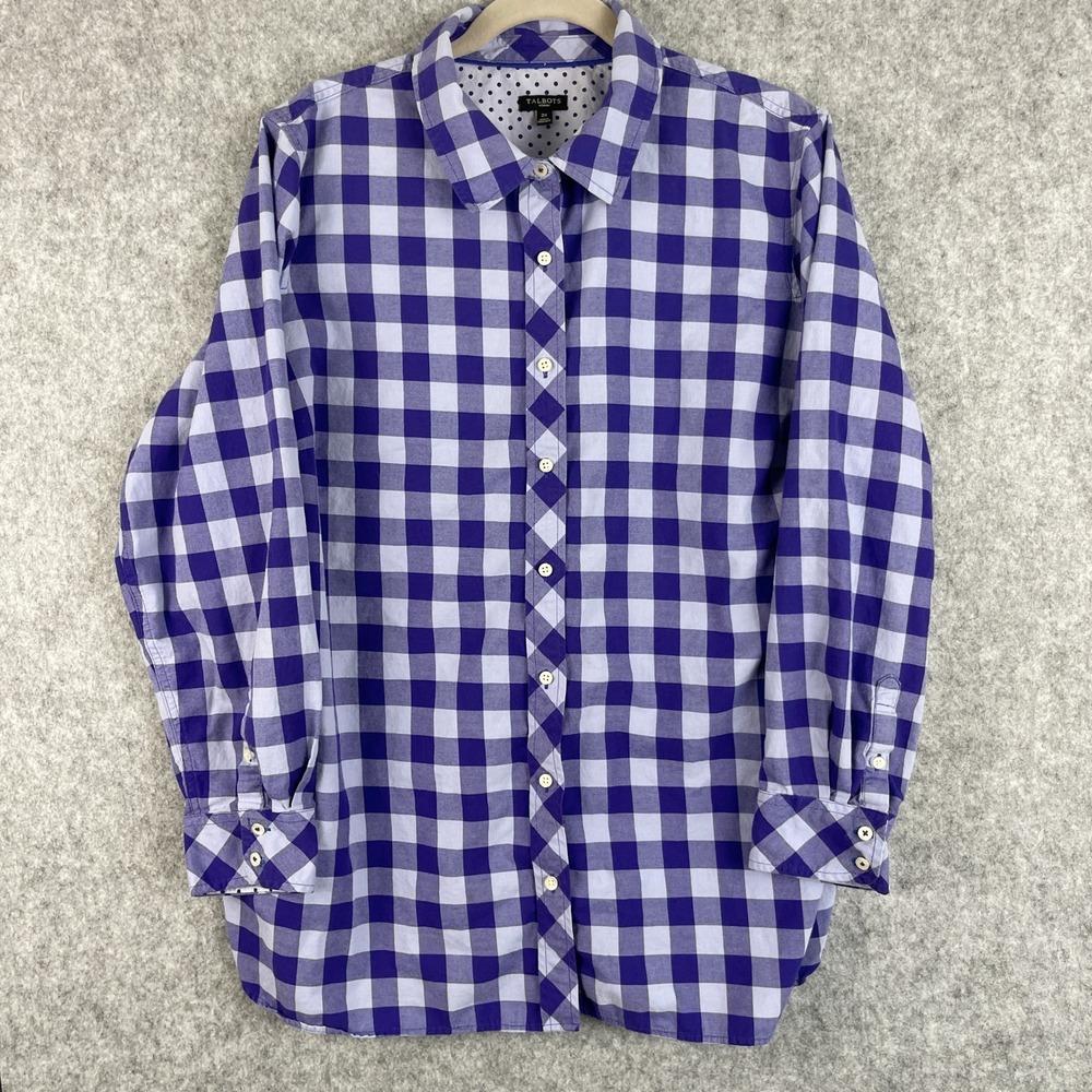 Talbots Top Womens 2X Purple Check Gingham Button Up Long Sleeve Casual